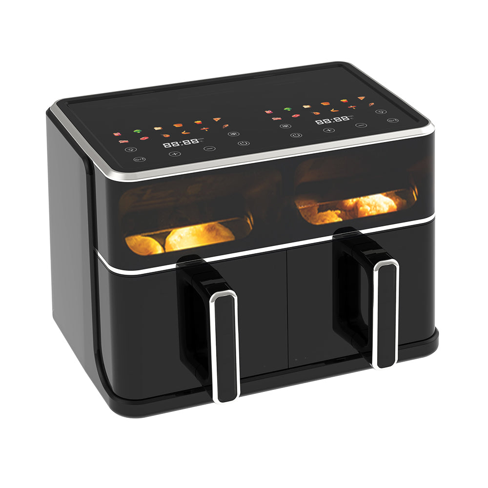 10L Dual Basket Digital Air Fryer with Viewing Window and Non-Stick Cooking Pots Black