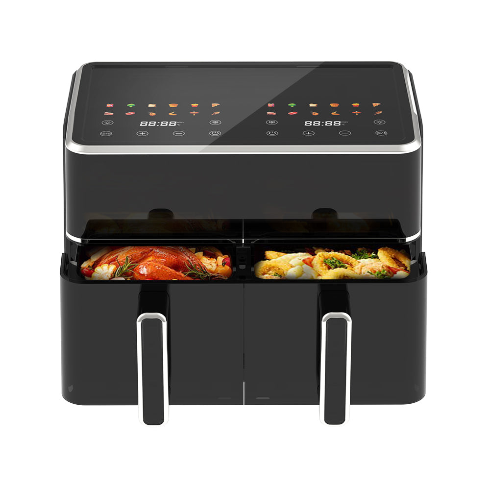 10L Dual Basket Digital Air Fryer with Viewing Window and Non-Stick Cooking Pots Black