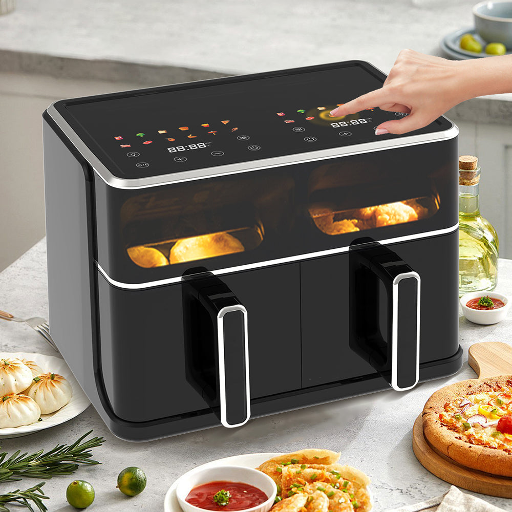 10L Dual Basket Digital Air Fryer with Viewing Window and Non-Stick Cooking Pots Black