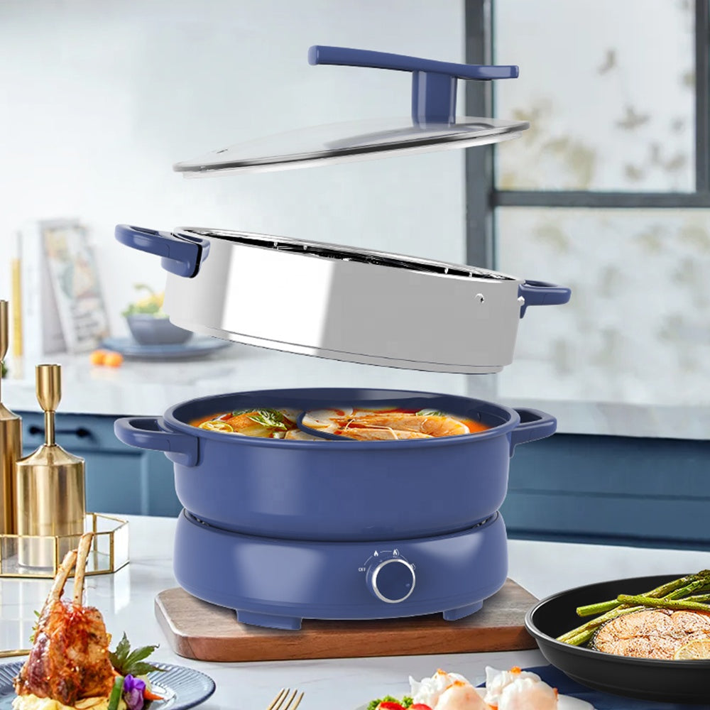 6L Multifunctional Electric Hot Pot with Digital Control and Tempered Glass Lid Blue