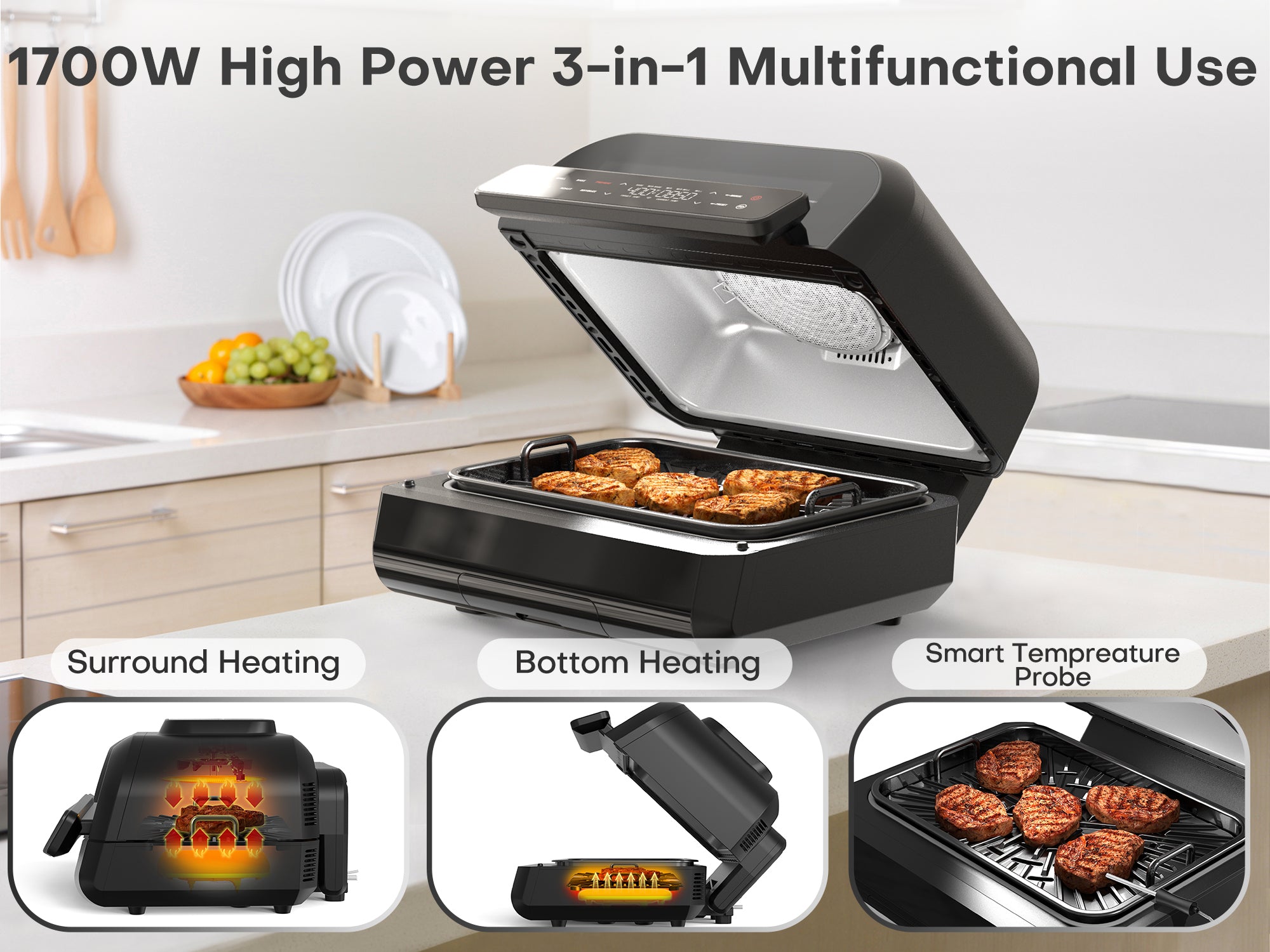 7-in-1 Multi-Function Electric Cooker with 3 Accessories – Pizza, Beef, Hotdogs, Air Fryer, Halogen Oven