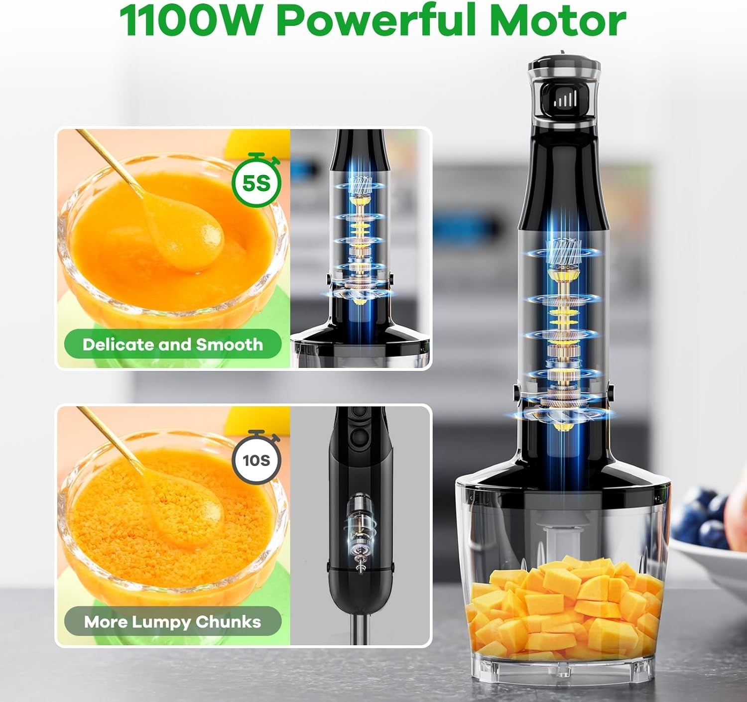 Corded Immersion Blender 1100W Handheld Stick with Stainless Steel Blade & 0.5L Container