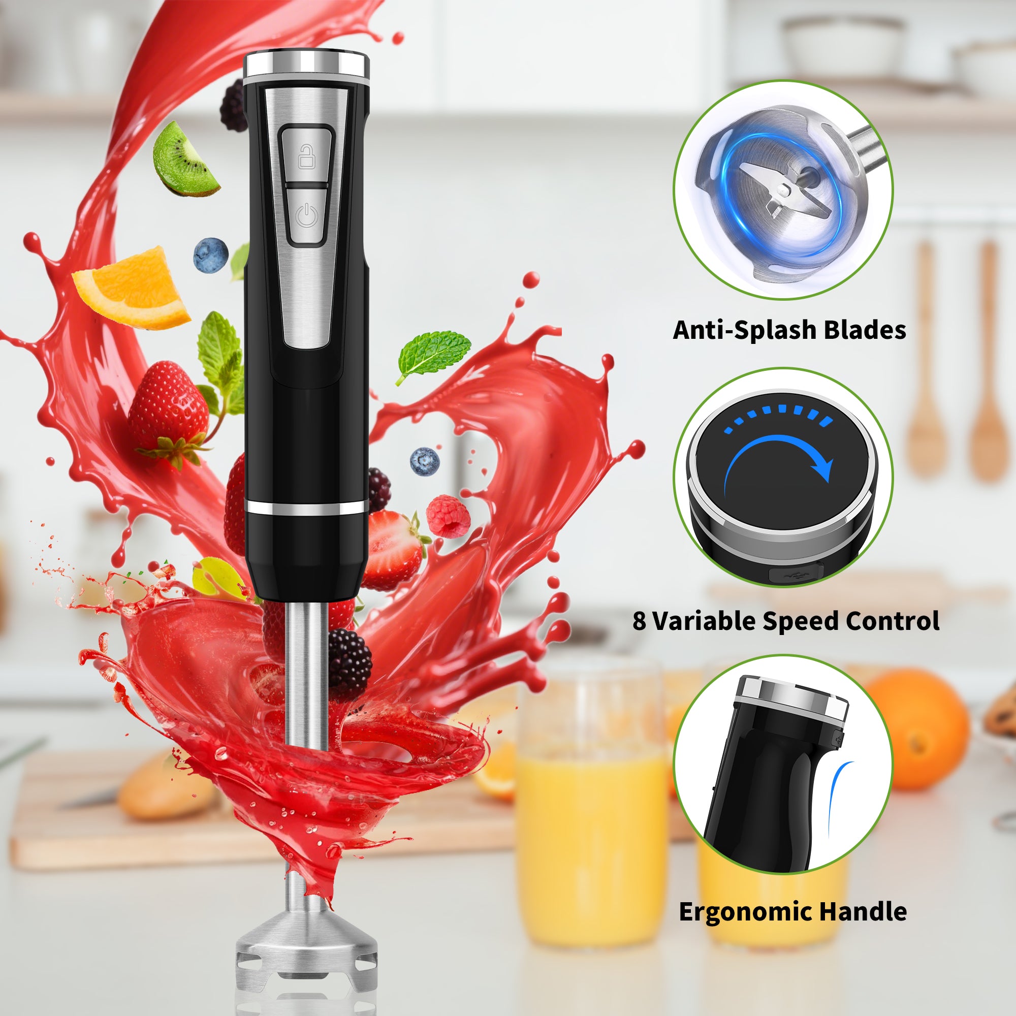 Cordless 3-in-1 Hand Blender 200W with Stainless Steel Blade, Whisk, Chopper & Beaker