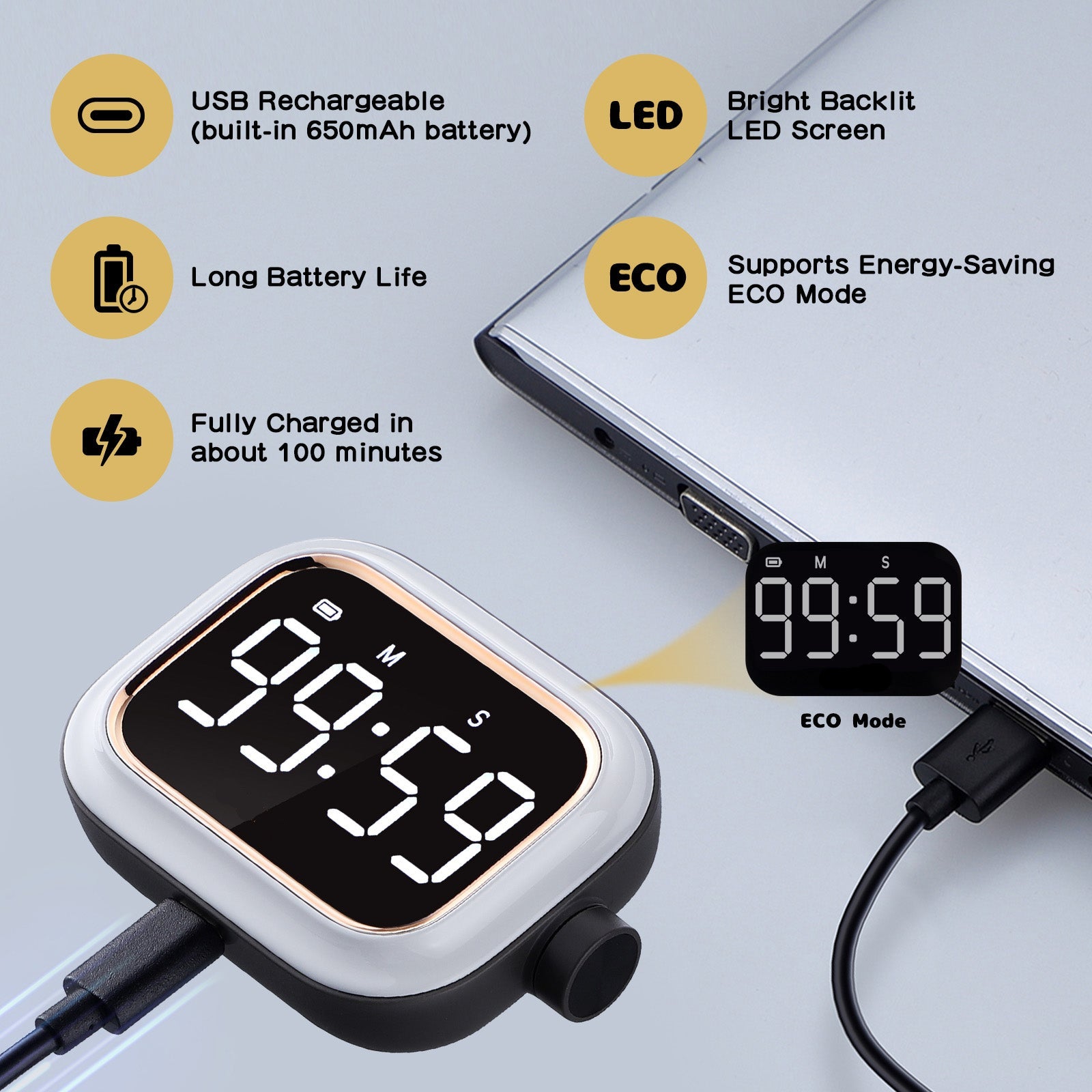 Digital Countdown Kitchen Timer Mini Knob Control Large LED Screen Loud Alert