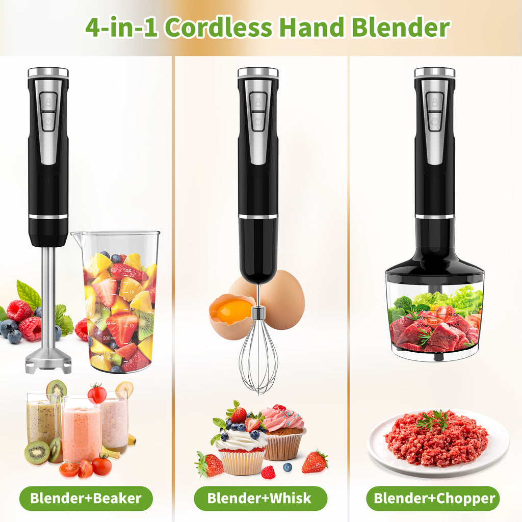 Cordless 3-in-1 Hand Blender 200W with Stainless Steel Blade, Whisk, Chopper & Beaker