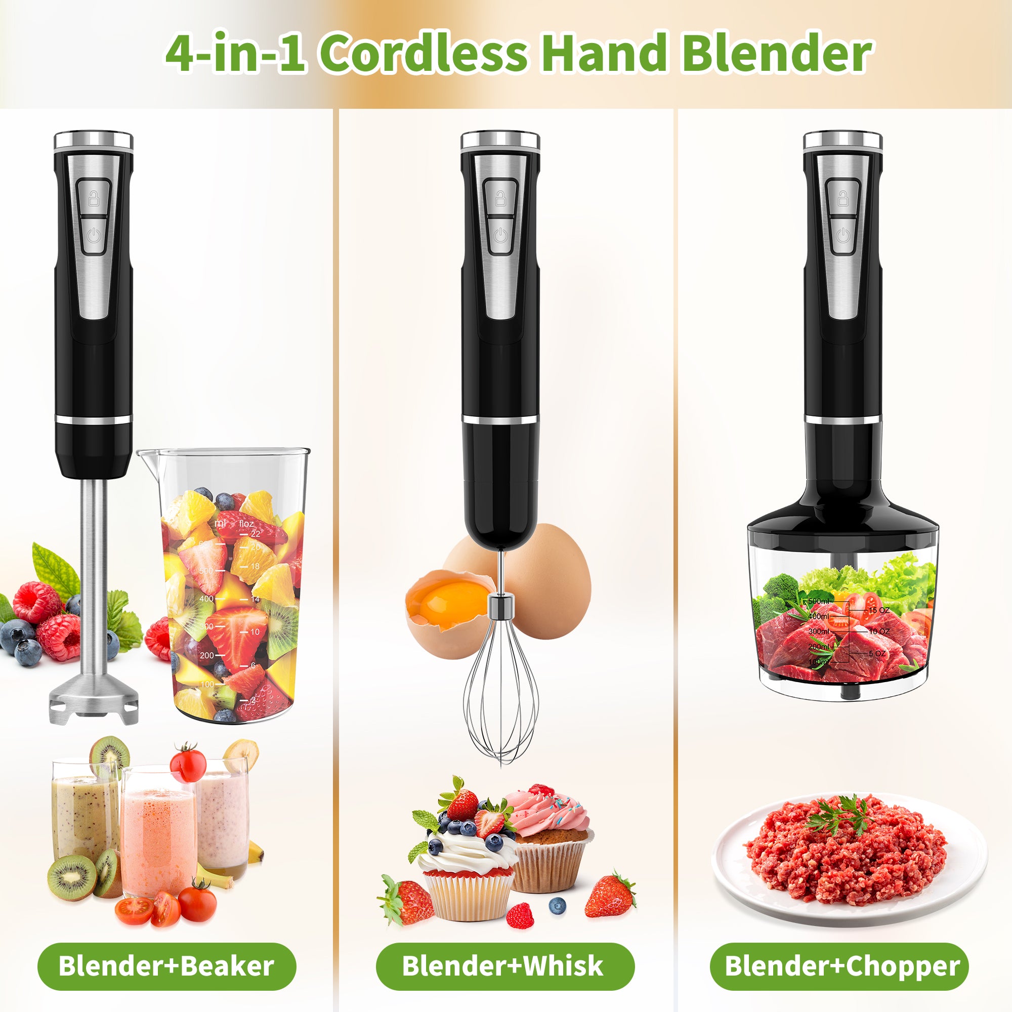 Cordless 3-in-1 Hand Blender 200W with Stainless Steel Blade, Whisk, Chopper & Beaker