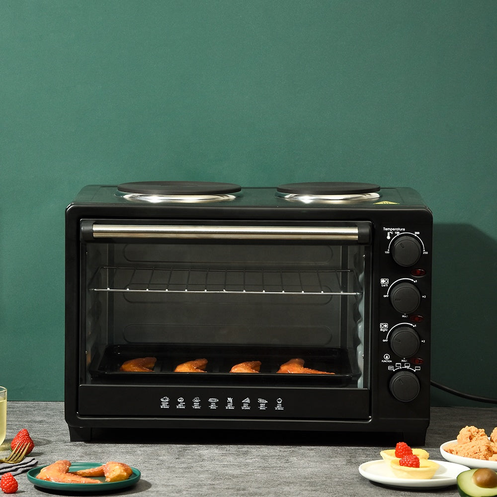45L Electric Toaster Oven with Hot Plate, Mechanical Timer Control, Benchtop Convection Cooking