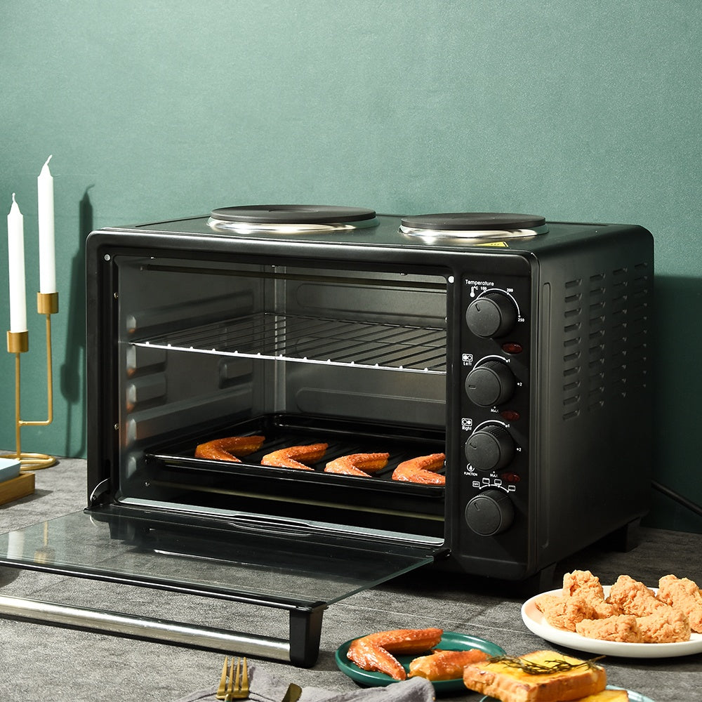 45L Electric Toaster Oven with Hot Plate, Mechanical Timer Control, Benchtop Convection Cooking