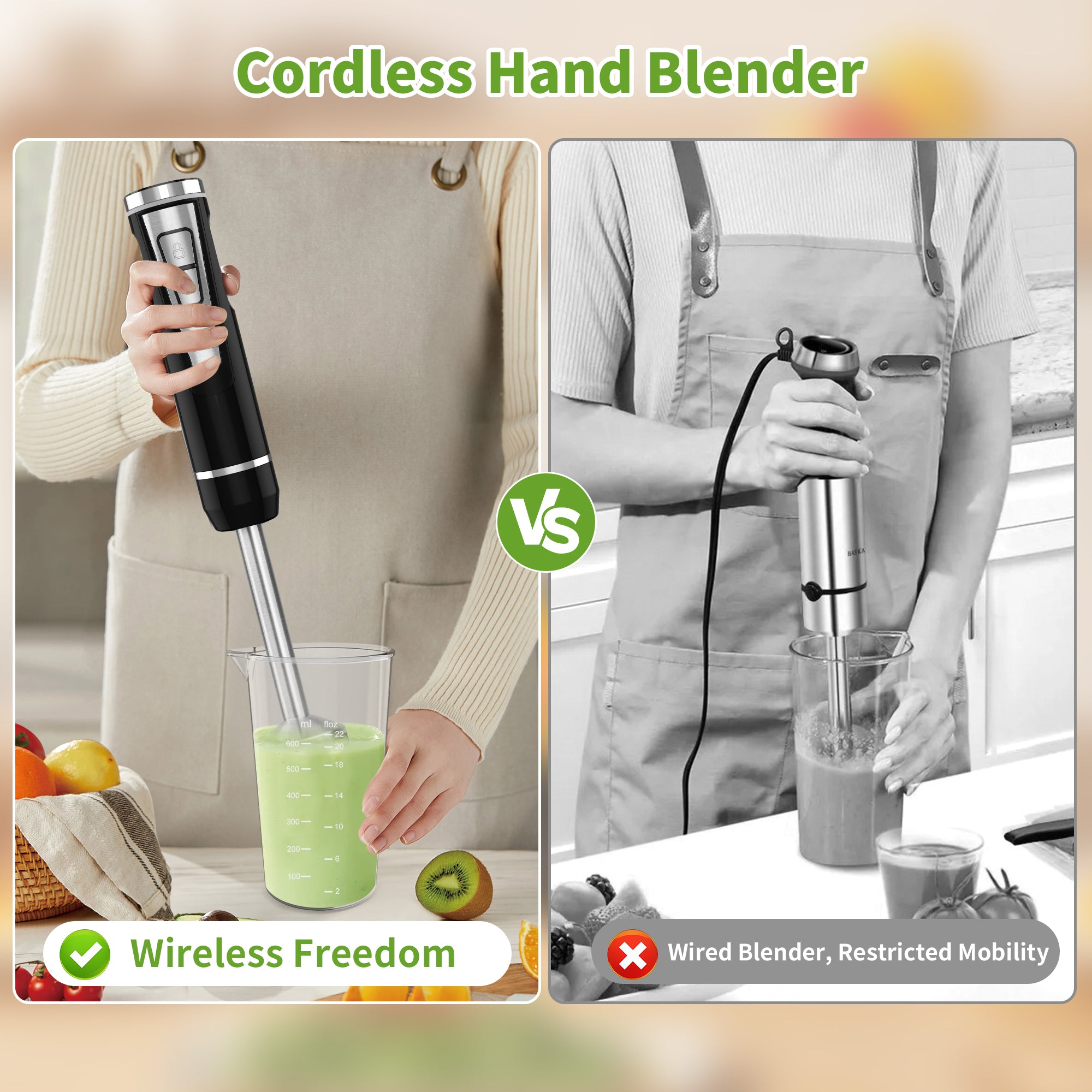 Cordless 3-in-1 Hand Blender 200W with Stainless Steel Blade, Whisk, Chopper & Beaker