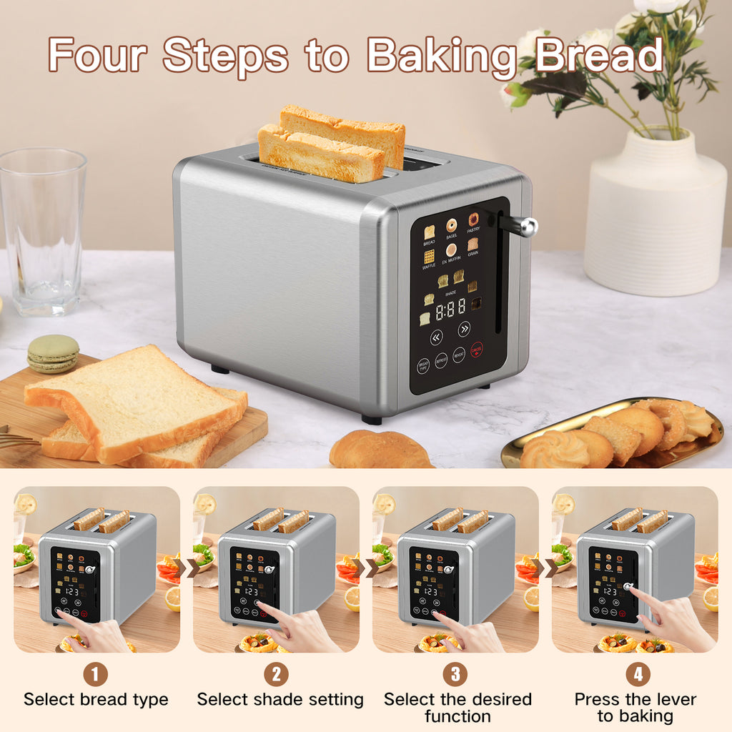 Stainless Steel Digital Toaster 2 Slice Touch Screen with Bagel and Defrost Functions