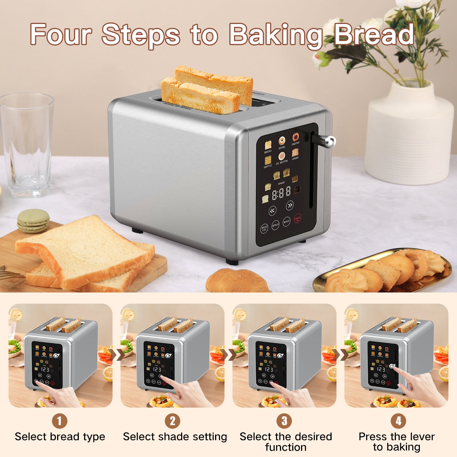 Stainless Steel Digital Toaster 2 Slice Touch Screen with Bagel and Defrost Functions