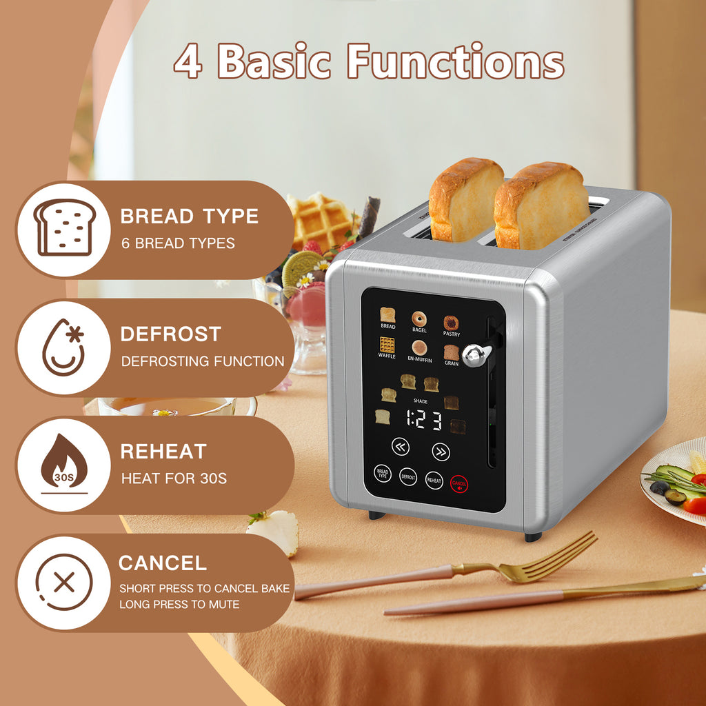 Stainless Steel Digital Toaster 2 Slice Touch Screen with Bagel and Defrost Functions