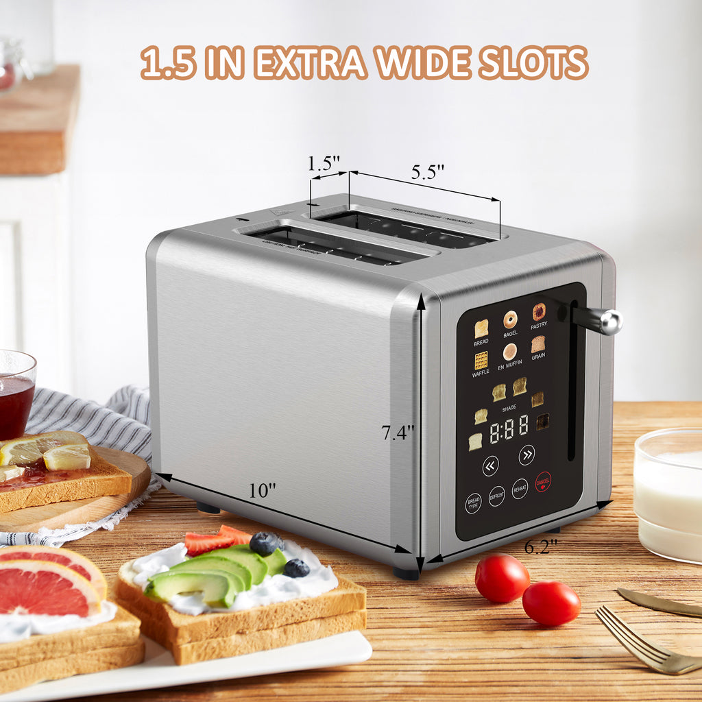 Stainless Steel Digital Toaster 2 Slice Touch Screen with Bagel and Defrost Functions