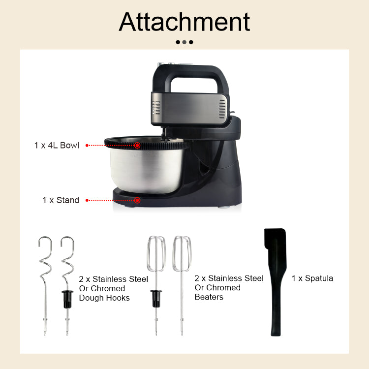 Electric 400W Stand Mixer with 4L SUS304 Bowl, 5 Speeds & Detachable Hand Mixer for Kitchen Use