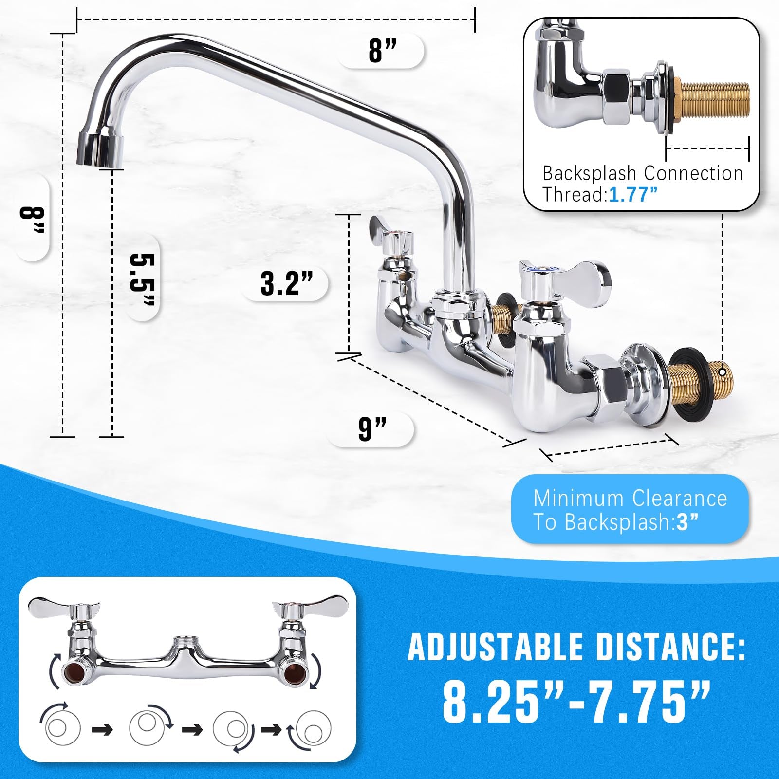 Wall-Mounted Kitchen & Laundry Faucet 8 Inch, 2 Handles, Brass Construction