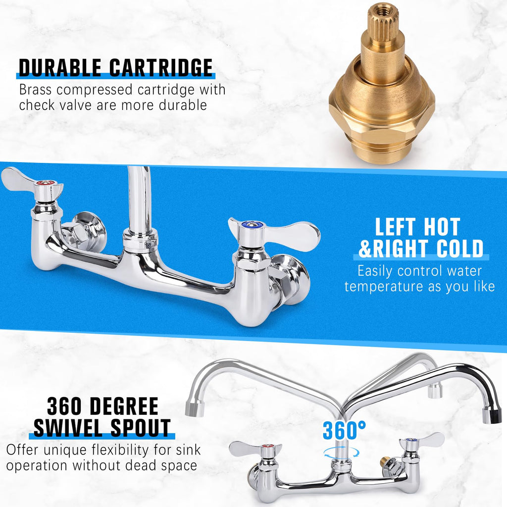 Wall-Mounted Kitchen & Laundry Faucet 8 Inch, 2 Handles, Brass Construction