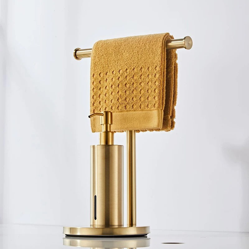 Gold Wall-Mounted Soap Dispenser with Towel Rack for Bathroom & Kitchen