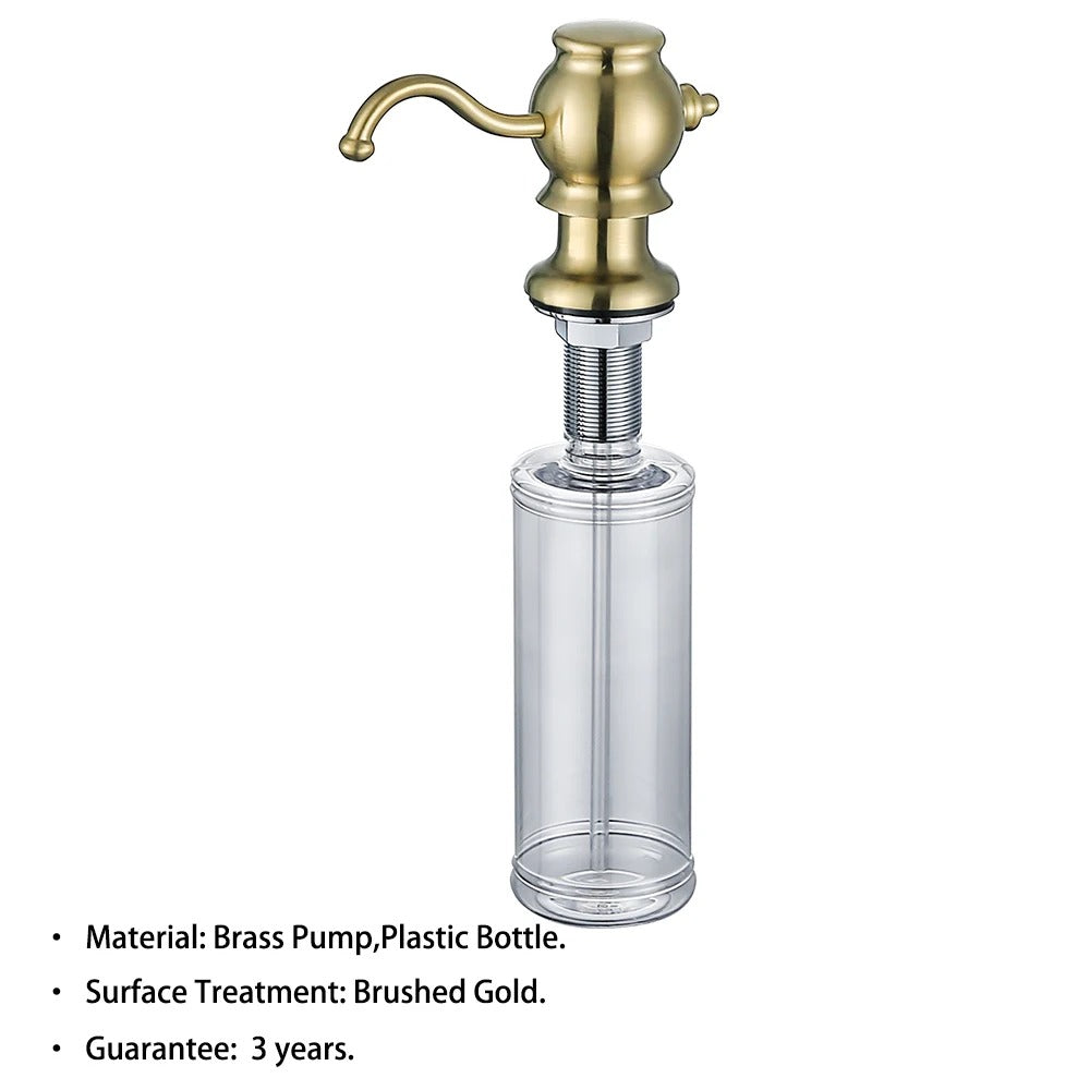 Deck-Mounted Kitchen Soap Dispenser – 360° Rotatable Brass Pump, Built-in Countertop, Multiple Finishes