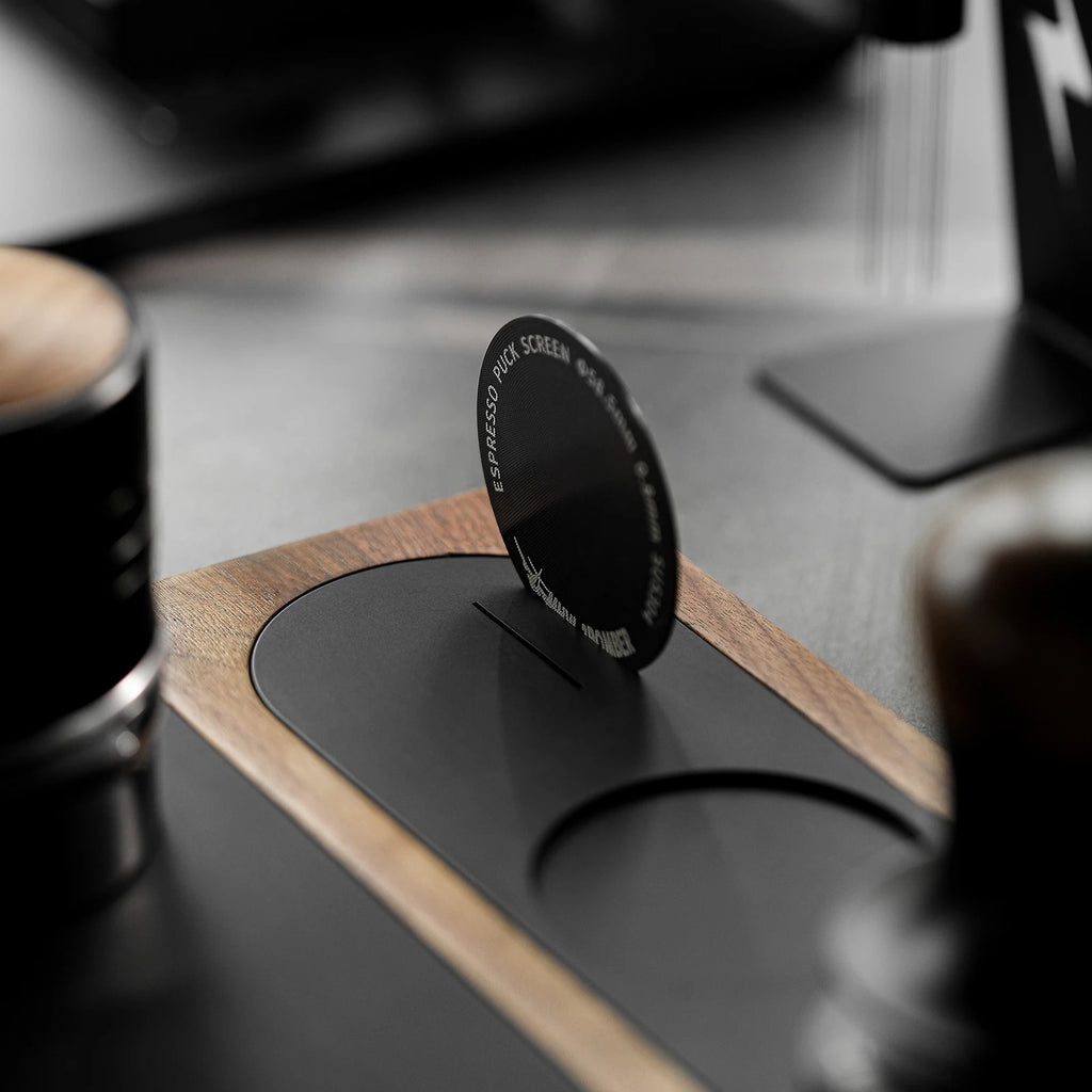 Multi-Function Espresso Tamping Station with Silicone Mat, Wooden Countertop Barista Stand