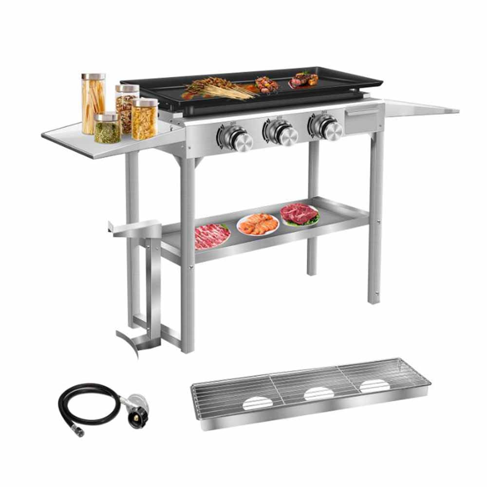 Portable 3 Burner Flat Top Teppanyaki Griddle Table Gas BBQ Grill 304 Stainless Steel