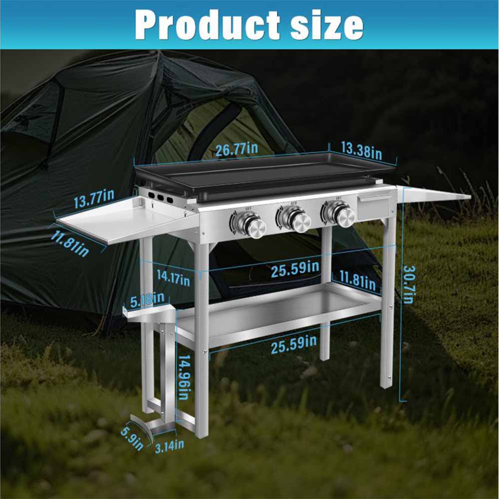 Portable 3 Burner Flat Top Teppanyaki Griddle Table Gas BBQ Grill 304 Stainless Steel