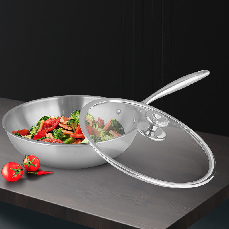 Uncoated Pure Titanium Fry Pan with Glass Lid and Triple-Layer Heat Distribution Base