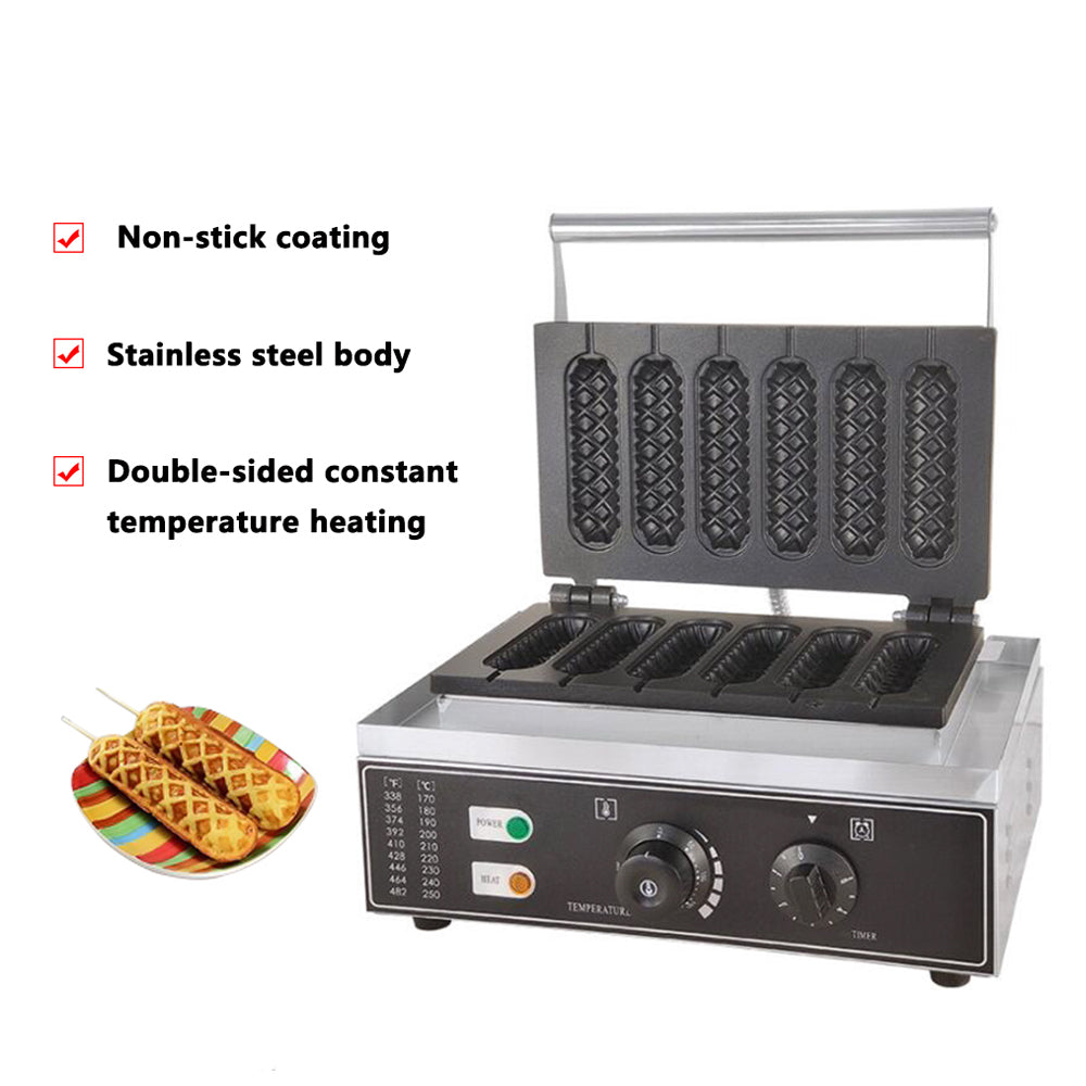 Commercial Electric Belgian Bubble Waffle Hot Dog Maker 6 Stick Non-Stick Plate Timer