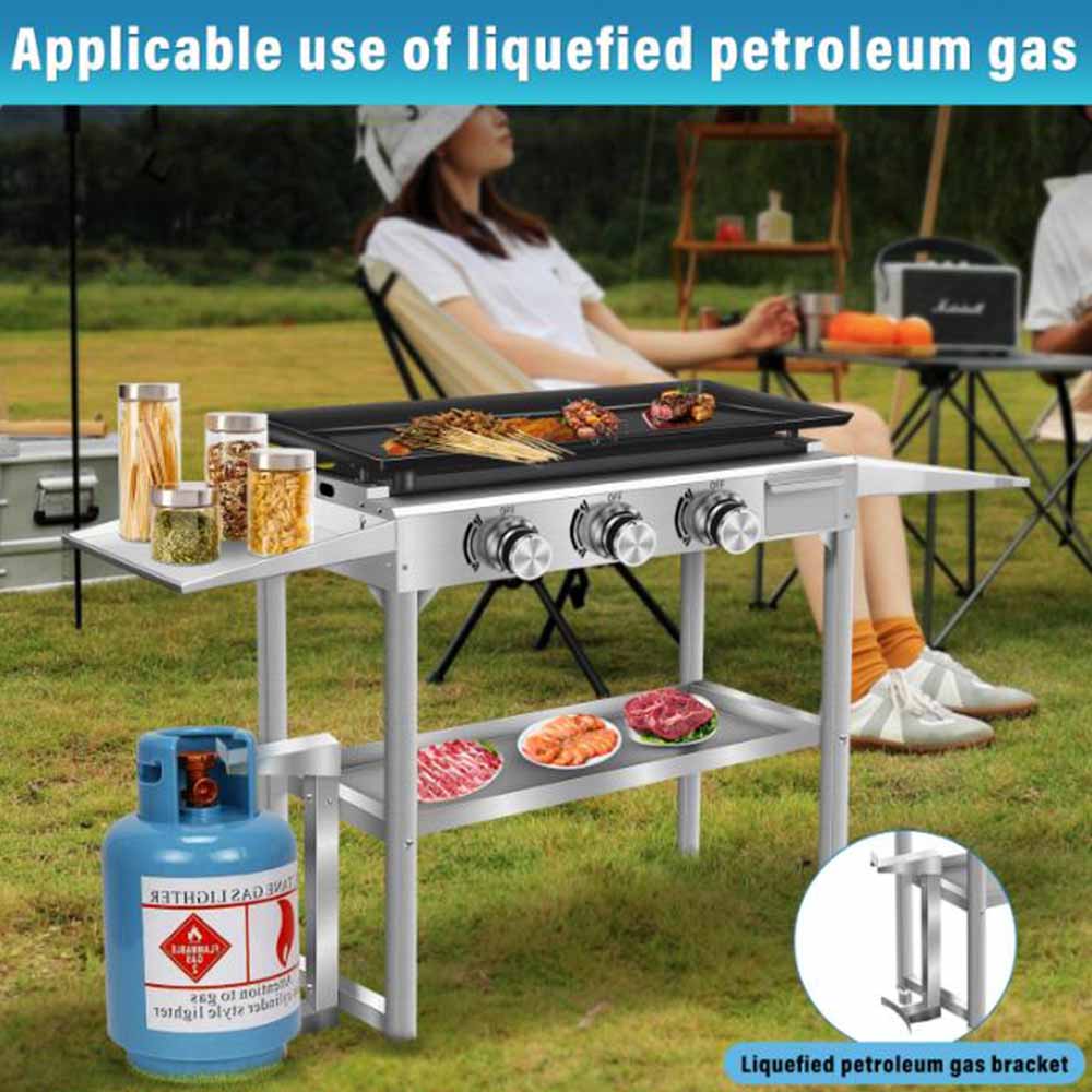 Portable 3 Burner Flat Top Teppanyaki Griddle Table Gas BBQ Grill 304 Stainless Steel