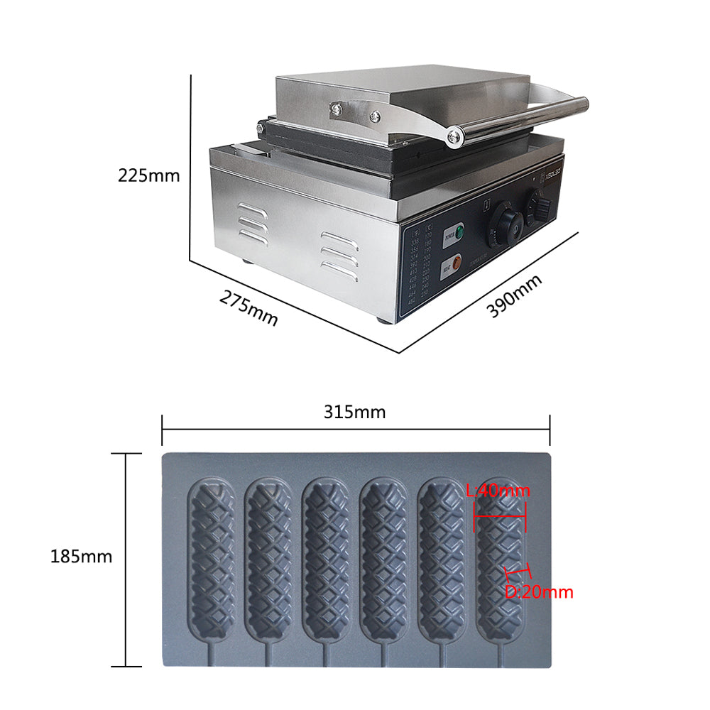 Commercial Electric Belgian Bubble Waffle Hot Dog Maker 6 Stick Non-Stick Plate Timer
