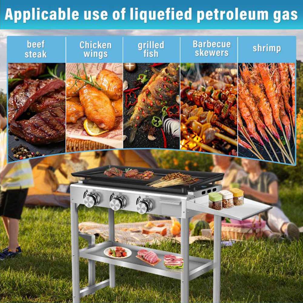 Portable 3 Burner Flat Top Teppanyaki Griddle Table Gas BBQ Grill 304 Stainless Steel