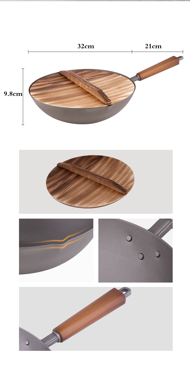 32cm Titanium Coated Non-Stick Wok Pan with Induction Base & Wooden Lid